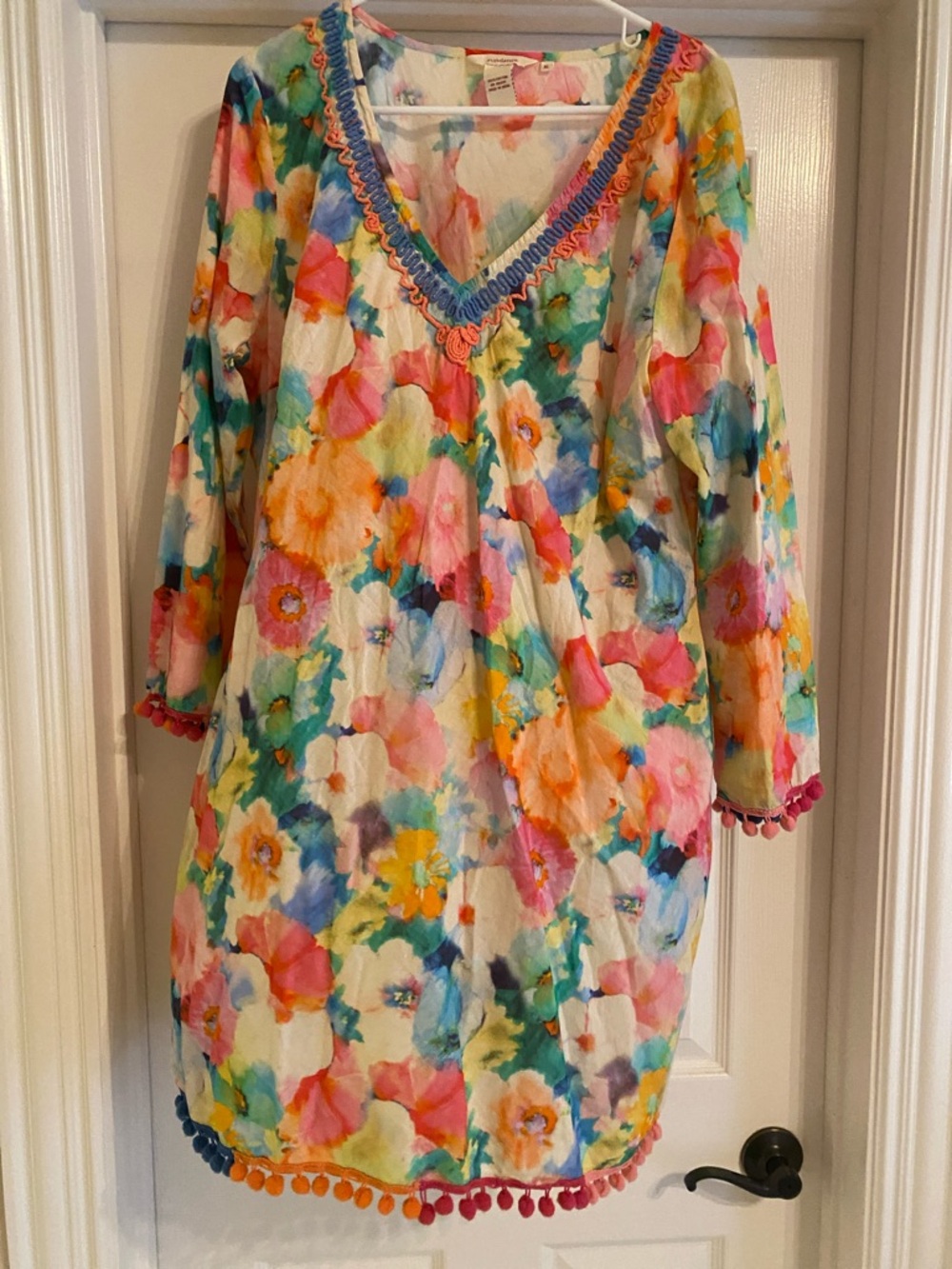 Sundance Multicolor Watercolor Cotton Coverup with Pom Trim